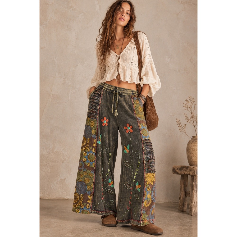 Earthbound Patchwork Embroidered Wide Leg Pants XL Boho Hippie Whimsigoth Artsy